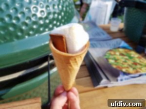 A Decade of Deliciousness: Chicago Gourmet 19 Delicious grilled s'mores served creatively in a cone from the Big Green Egg stand, a fun and unique dessert experience.