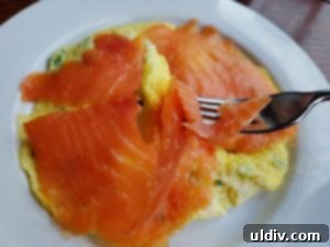 Open-faced smoked salmon omelet with fresh herbs