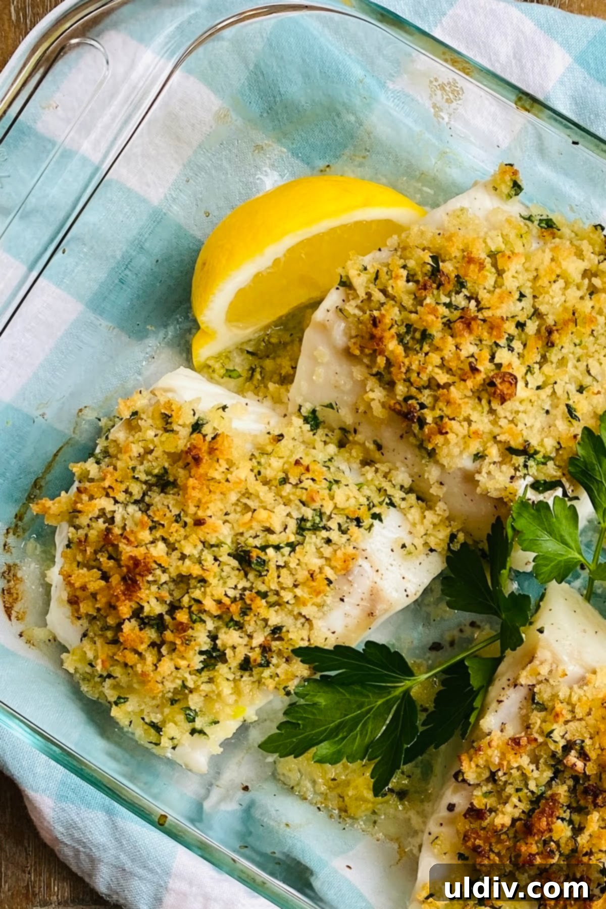 Golden Garlic Herb Panko Crusted Cod 3 Cod baked and topped with garlic herb panko.