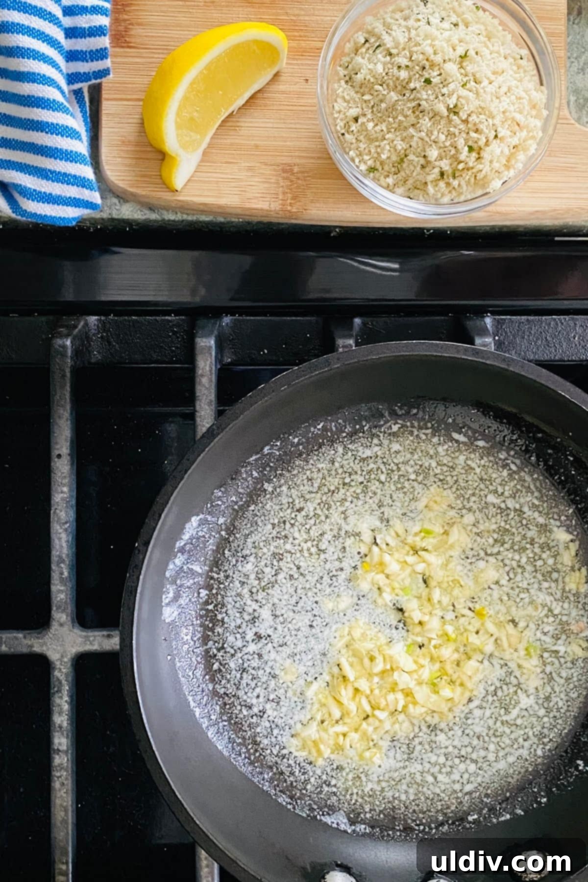 Golden Garlic Herb Panko Crusted Cod 5 Sauteing garlic in butter.