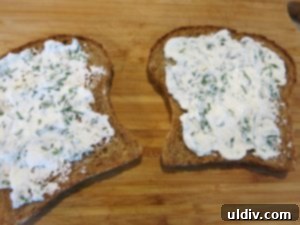 Power Up Your Winter with a Vegetarian Mushroom Watercress Sandwich 7 Spreading Watercress Feta Mixture on Bread