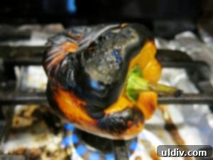 Delicious by Any Other Name 3 A vibrant red bell pepper charring over an open flame, the first step in making Zacusca.
