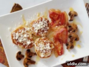 Savory protein pancakes with bacon, feta cheese, and roasted mushrooms