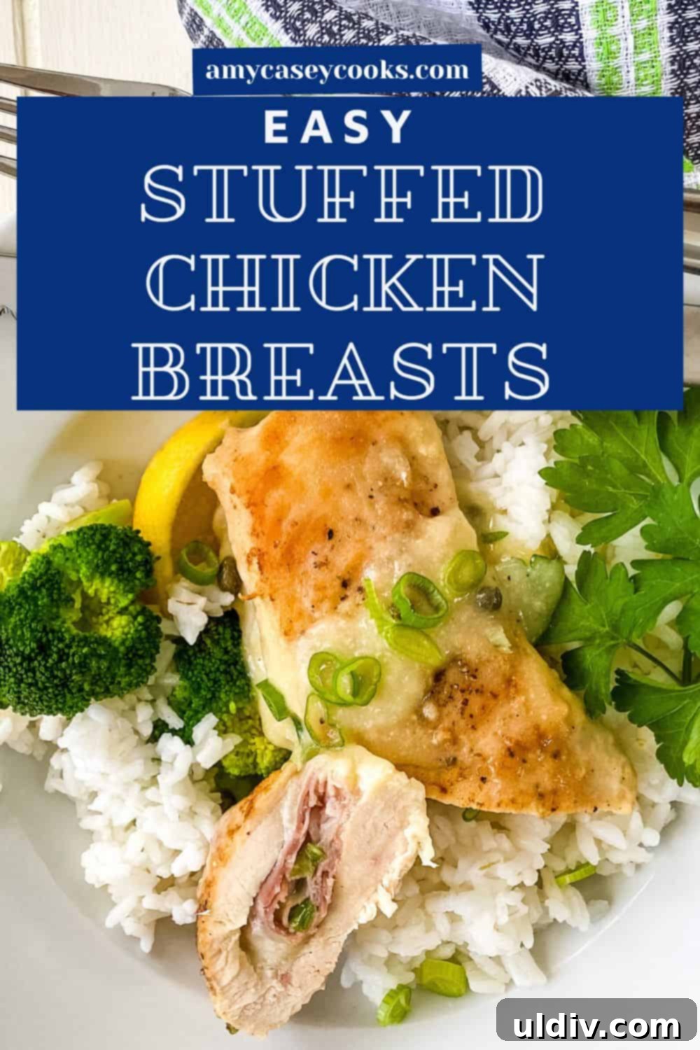 Prosciutto Provolone Chicken Roulade with Zesty Lemon Wine 6 Plated prosciutto and provolone stuffed chicken served with a side of rice, showcasing a complete and appealing meal.