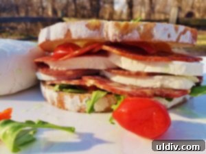 Sandwich Status: Truffle Mozzarella Upgrade 4 Close-up of a freshly made truffle mozzarella sandwich with soppressata, capicola, arugula, and peppadew peppers