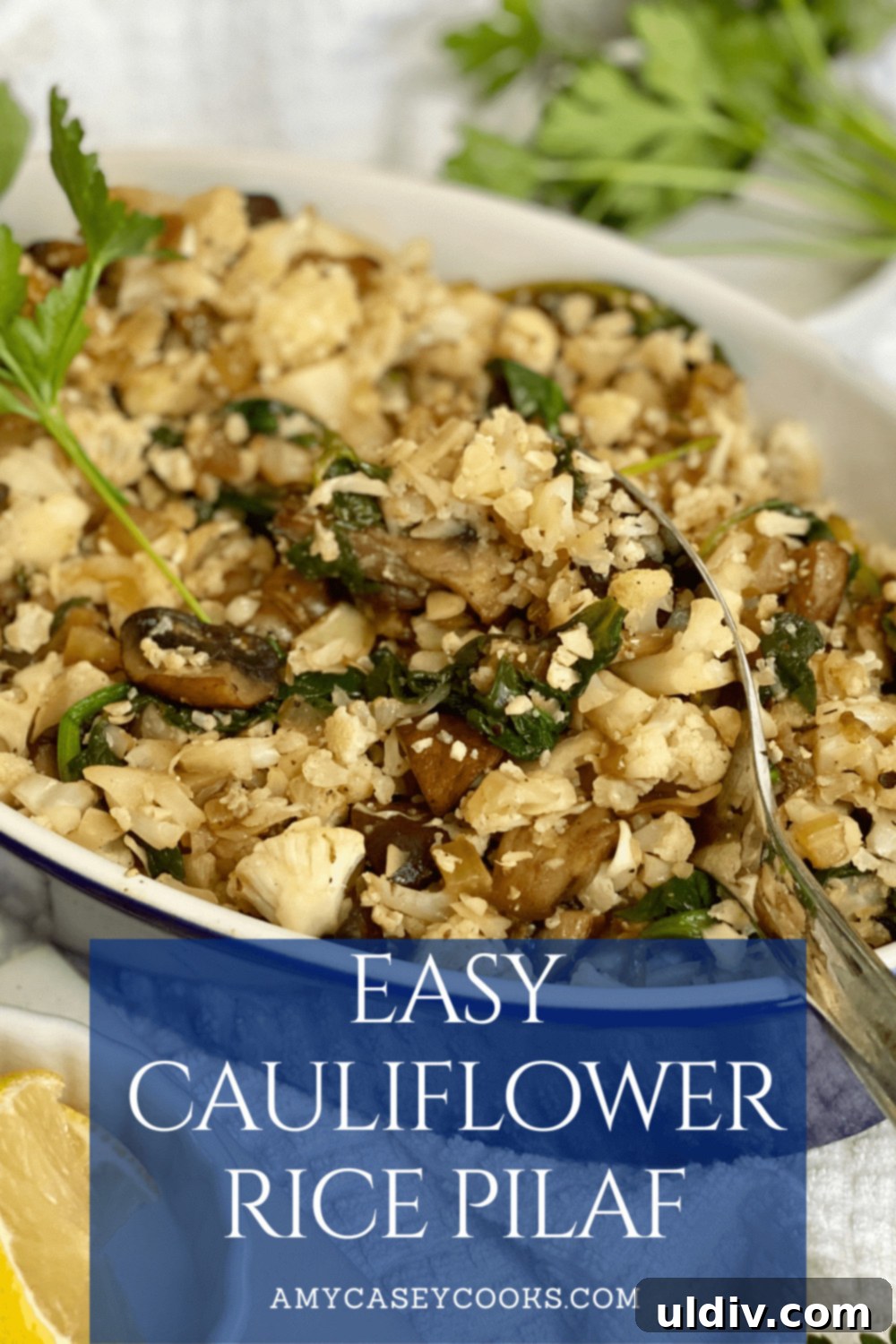 Easy 20-Minute Cauliflower Rice Pilaf 7 Serving dish with cauliflower rice pilaf, featuring mushrooms and spinach