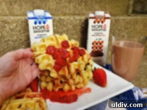 Hope & Sesame Waffle Recipe, Review, and Mother's Day Giveaway 7 Delicious, golden-brown waffles made with Hope & Sesame sesamemilk, topped with strawberries
