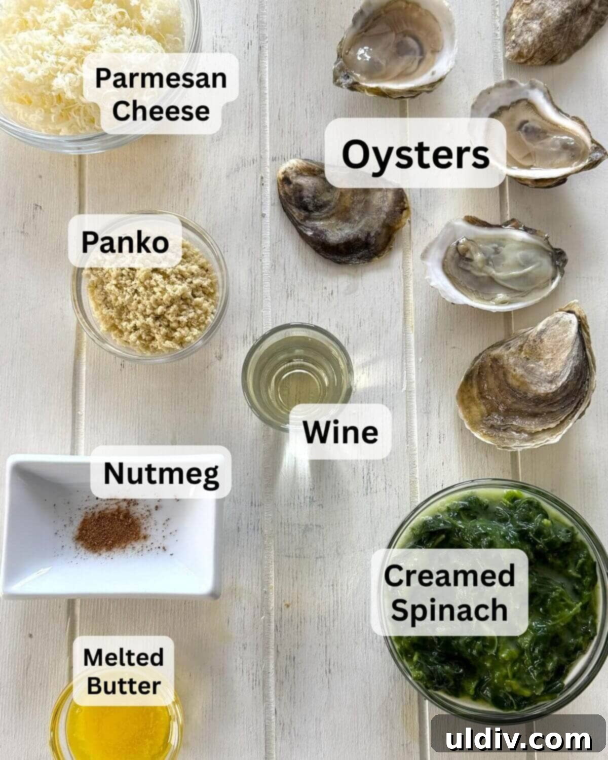 Indulgent Oysters Rockefeller 4 Oysters Rockefeller ingredients including shucked oysters, creamed spinach, Parmesan cheese, panko, melted butter, white wine, nutmeg.