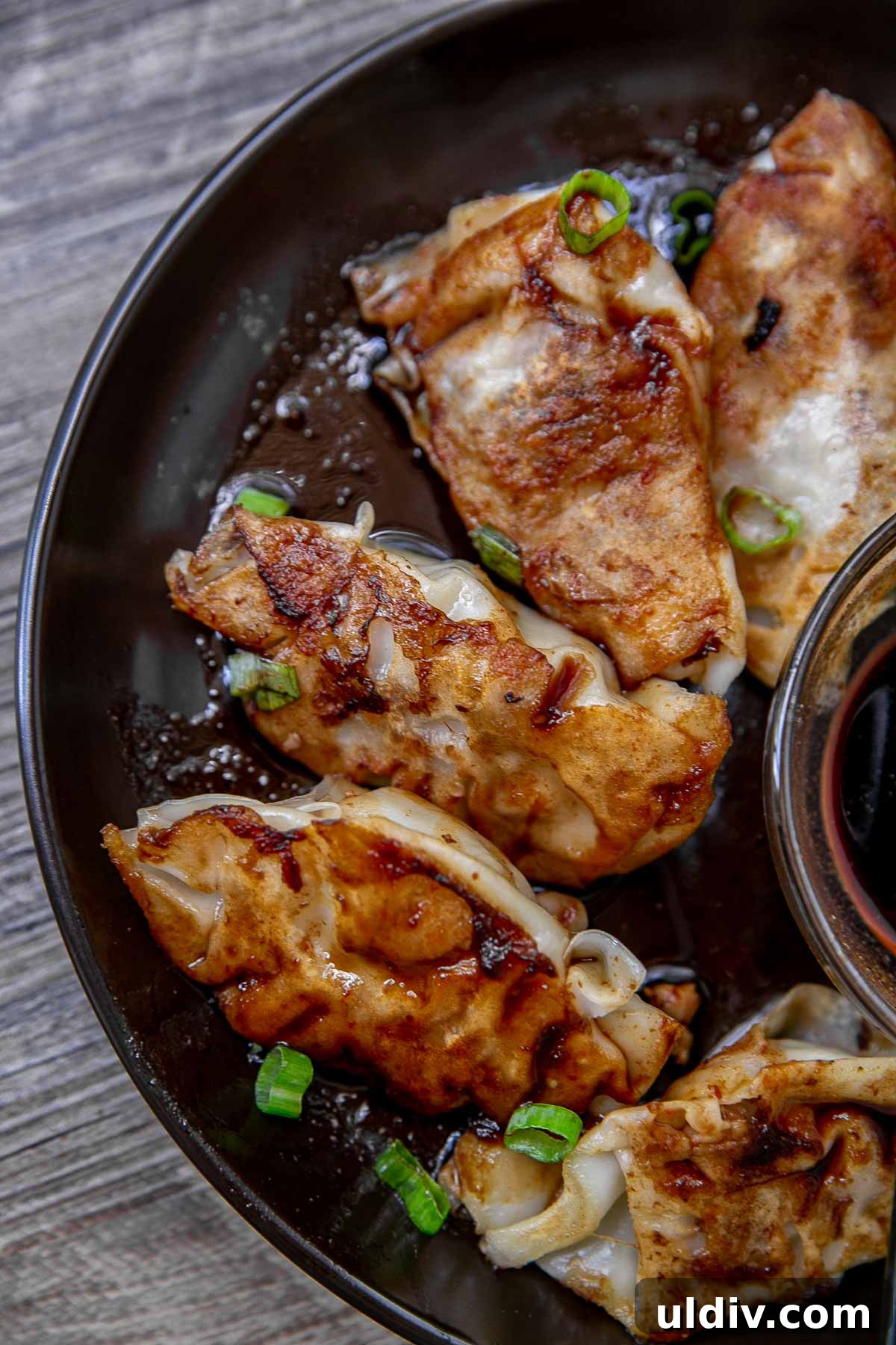 Finished pork potstickers on a plate.