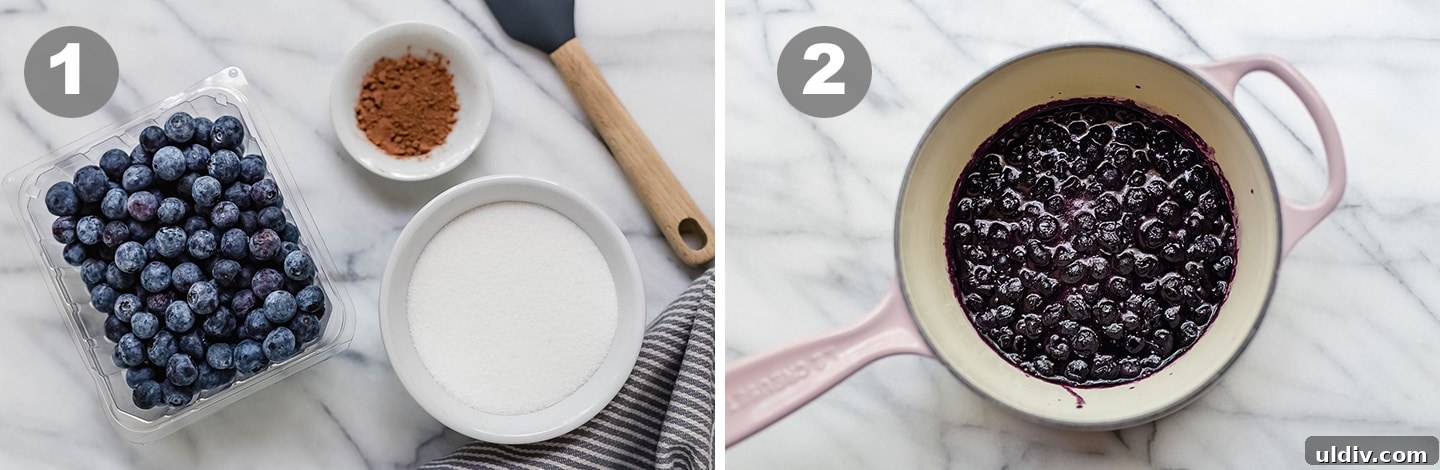 Blueberry Pie Ice Cream Recipe — Creamy Homemade Dessert 3 Process shots for making blueberry pie filling.