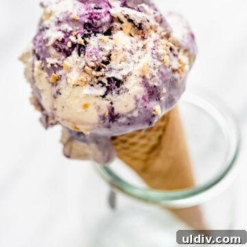 Blueberry Pie Ice Cream Recipe — Creamy Homemade Dessert 6 Blueberry Pie Ice Cream on a cone