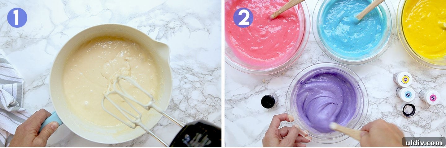 How to Make Colorful Rainbow Cupcakes: Step-by-Step Recipe 3 Cake batter in a bowl with food coloring.