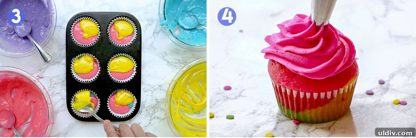 How to Make Colorful Rainbow Cupcakes: Step-by-Step Recipe 4 Colored cake batter in muffin tins and cupcake with frosting.