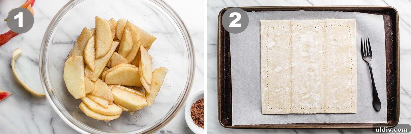 Rustic Apple Tart Recipe: Flaky, Cinnamon-Spiced Orchard Tart 4 Peeled apples in a bowl and puff pastry on a baking sheet.