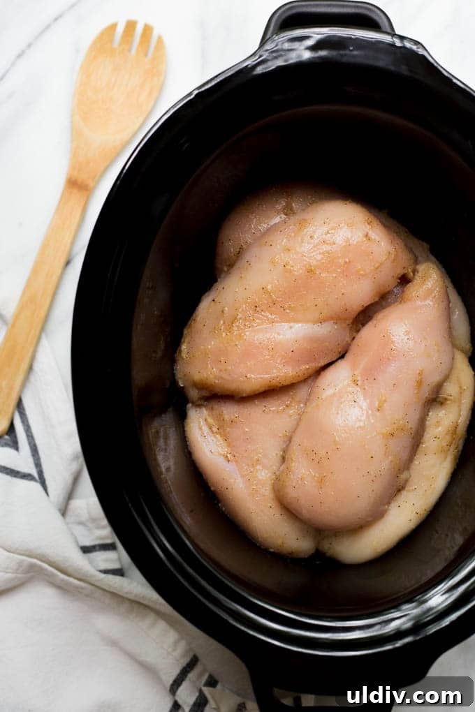 Crockpot Shredded Chicken Recipe for Tender, Versatile Meals 3 Raw chicken in slow cooker.