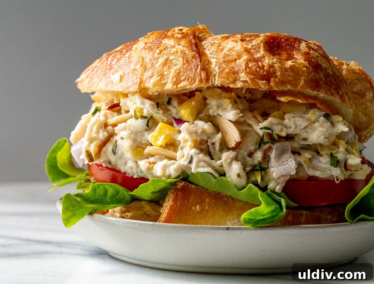 Tarragon Chicken Salad Sandwich Tarragon chicken salad on a bun with lettuce and tomato.