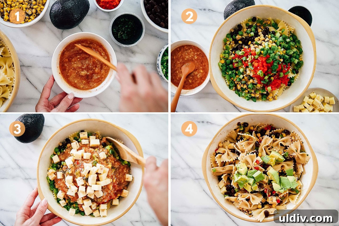Southwest Chicken Pasta Salad with Corn & Avocado 2 Step by step instructions for making southwest pasta salad.