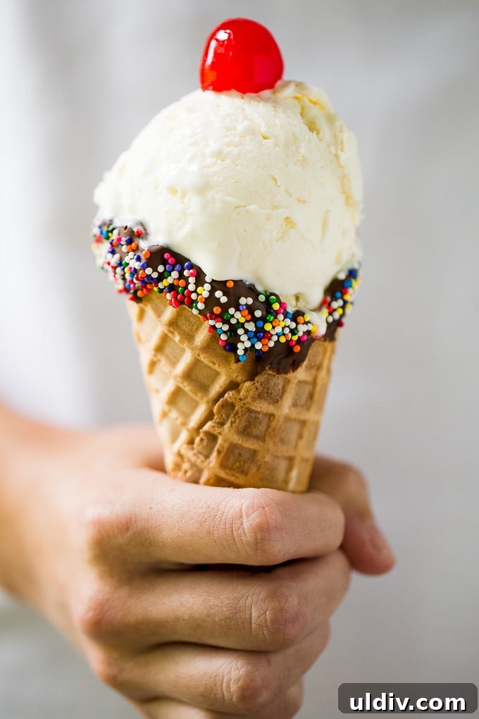 Creamy No-Churn Ice Cream Recipe: 5-Minute Homemade Dessert 2 Homemade No-Churn Vanilla Ice Cream on a waffle cone.