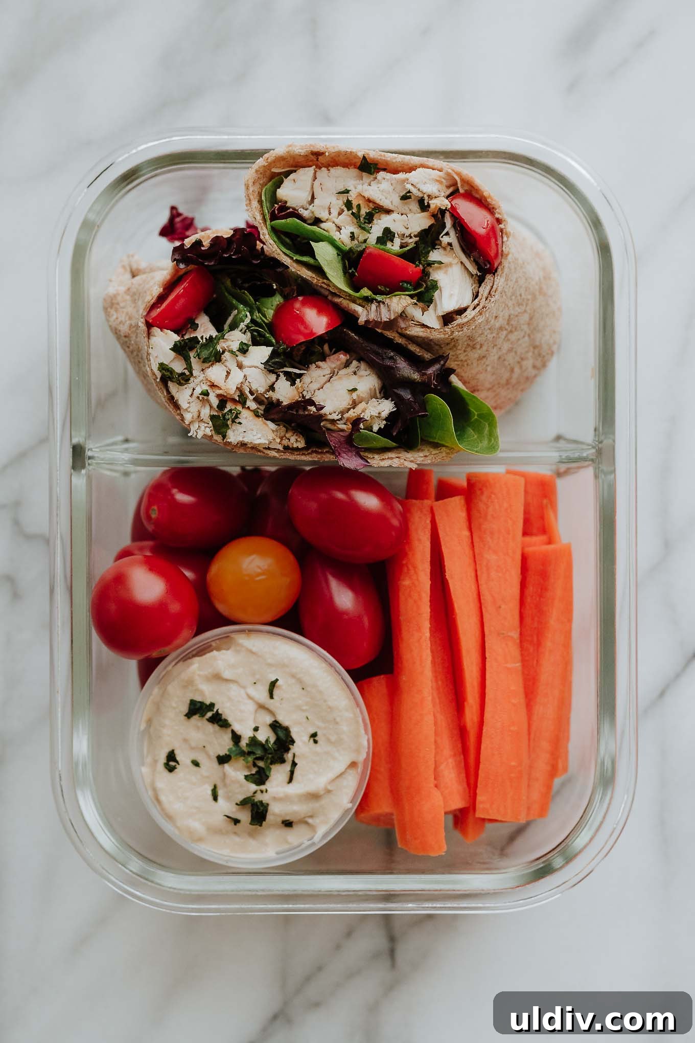 5 Rotisserie Chicken Meal Prep Ideas for Weekday Lunches 3 Chicken Wrap with hummus and raw veggies