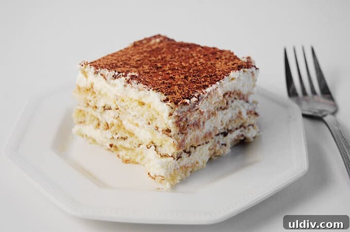 Authentic Italian Tiramisu Recipe: Classic No-Bake Dessert 2 A slice of Italian Tiramisu on a plate.