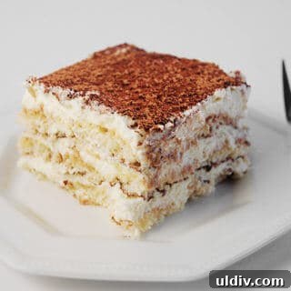 A slice of Italian Tiramisu on a plate.