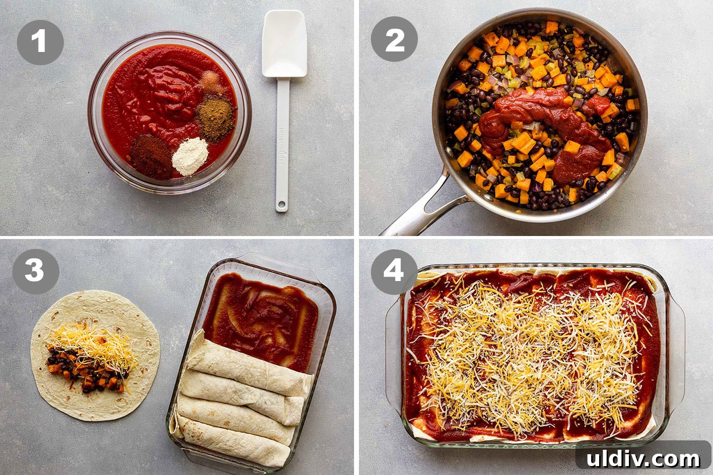 Sweet Potato Enchilada Casserole Recipe for Cozy Weeknight Meals 3 Step-by-step photos of how to make sweet potato enchiladas.