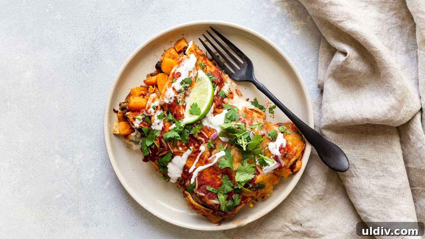 Sweet Potato Enchilada Casserole Recipe for Cozy Weeknight Meals 5 Two sweet potato enchiladas on a plate with a fork and napkin.