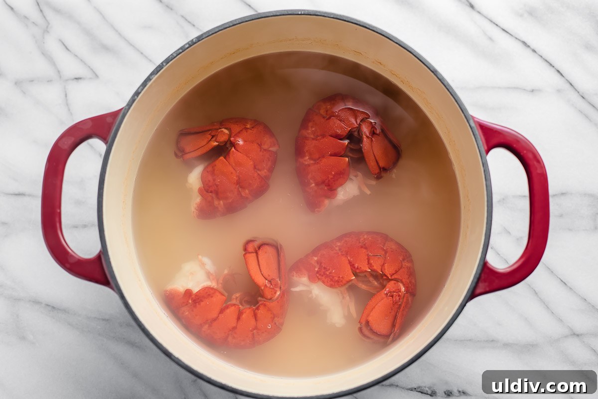 Creamy Lobster Macaroni and Cheese with Parmesan Crust 3 Four lobster tails in boiling water.