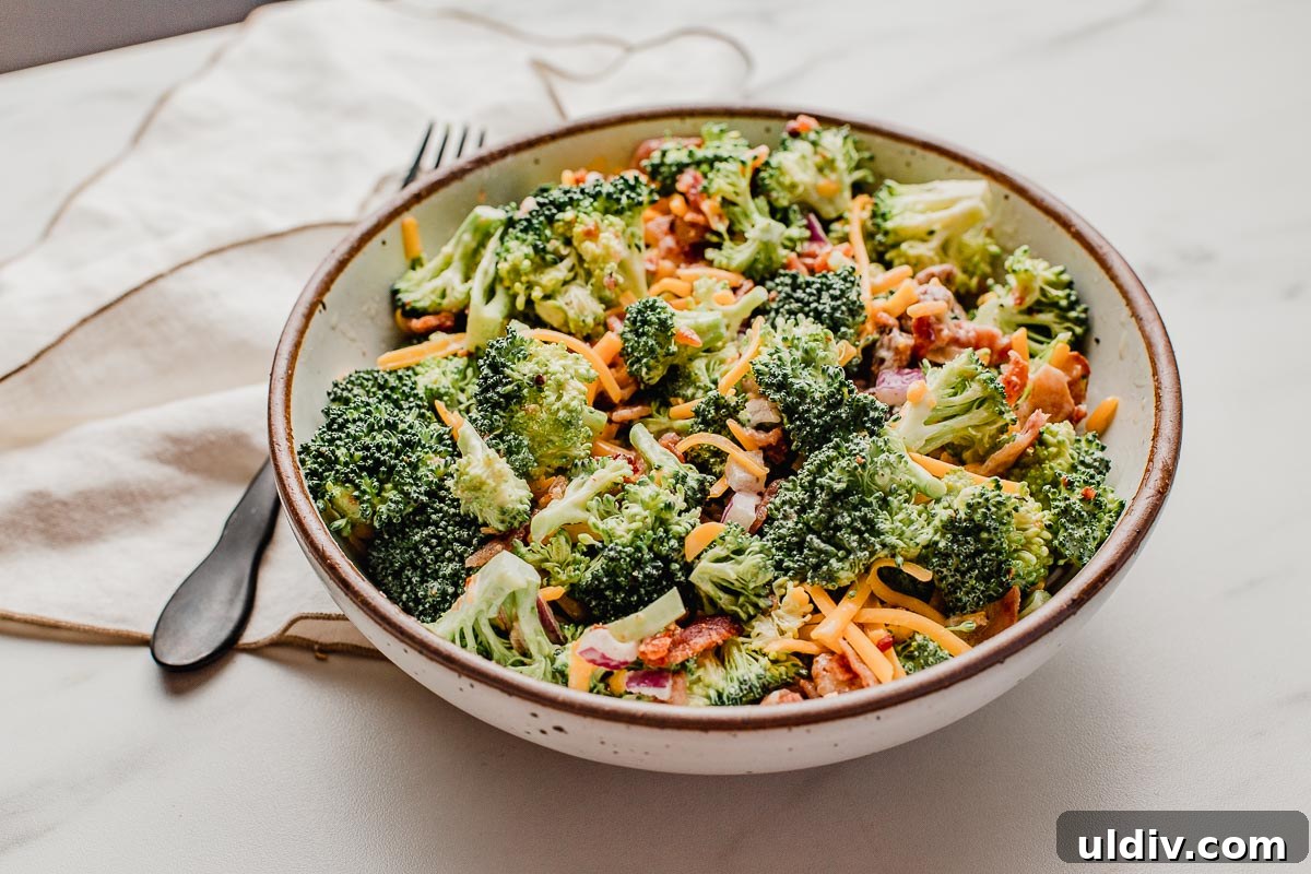 Keto Broccoli Salad with Bacon, Cheddar & Creamy Dressing 5 Broccoli salad plated and ready to serve.