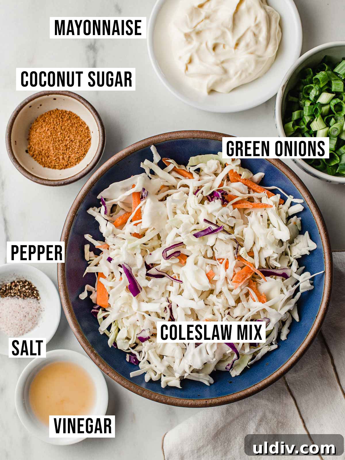 Creamy Low-Carb Coleslaw Recipe for Keto and Low-Carb Diets 3 Low carb coleslaw ingredients on a table.