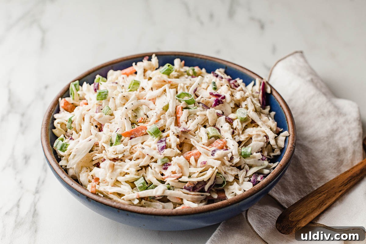 Creamy Low-Carb Coleslaw Recipe for Keto and Low-Carb Diets 4 Low carb coleslaw in a bowl with a napkin.