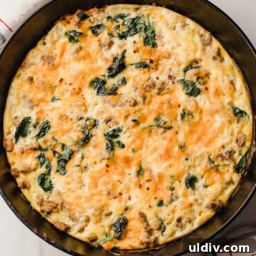 Turkey Sausage and Spinach Frittata Recipe for Weeknight Breakfast 8 Turkey sausage and spinach frittata in a cast iron skillet.