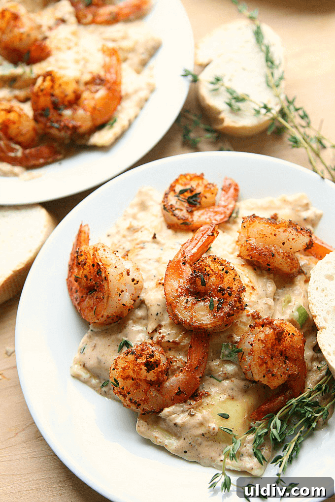 Blackened Shrimp with Cheesy Ravioli Pasta Recipe 2 Blackened Shrimp and Cheese Ravioli on a plate.