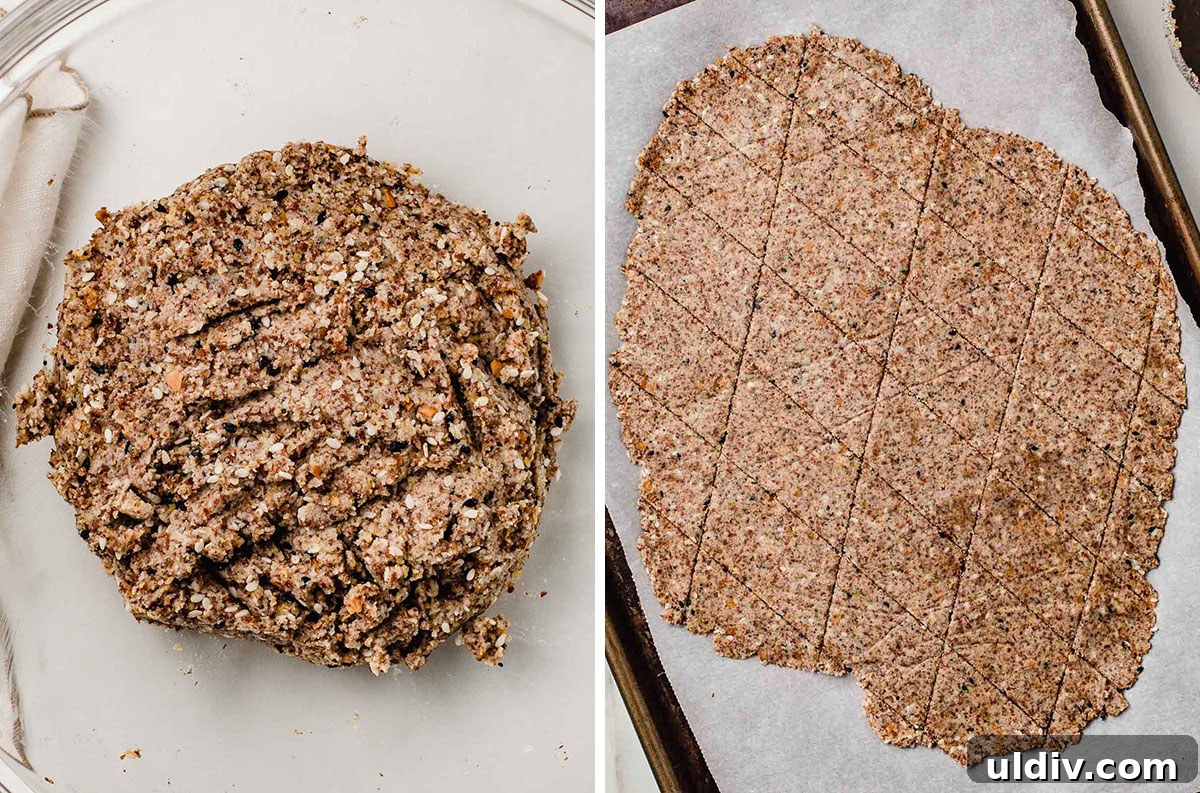 Crunch-Free Grain-Free Crackers: Crispy Keto Snack Recipe 4 Cracker dough in a bowl and rolled out onto a piece of parchment paper.