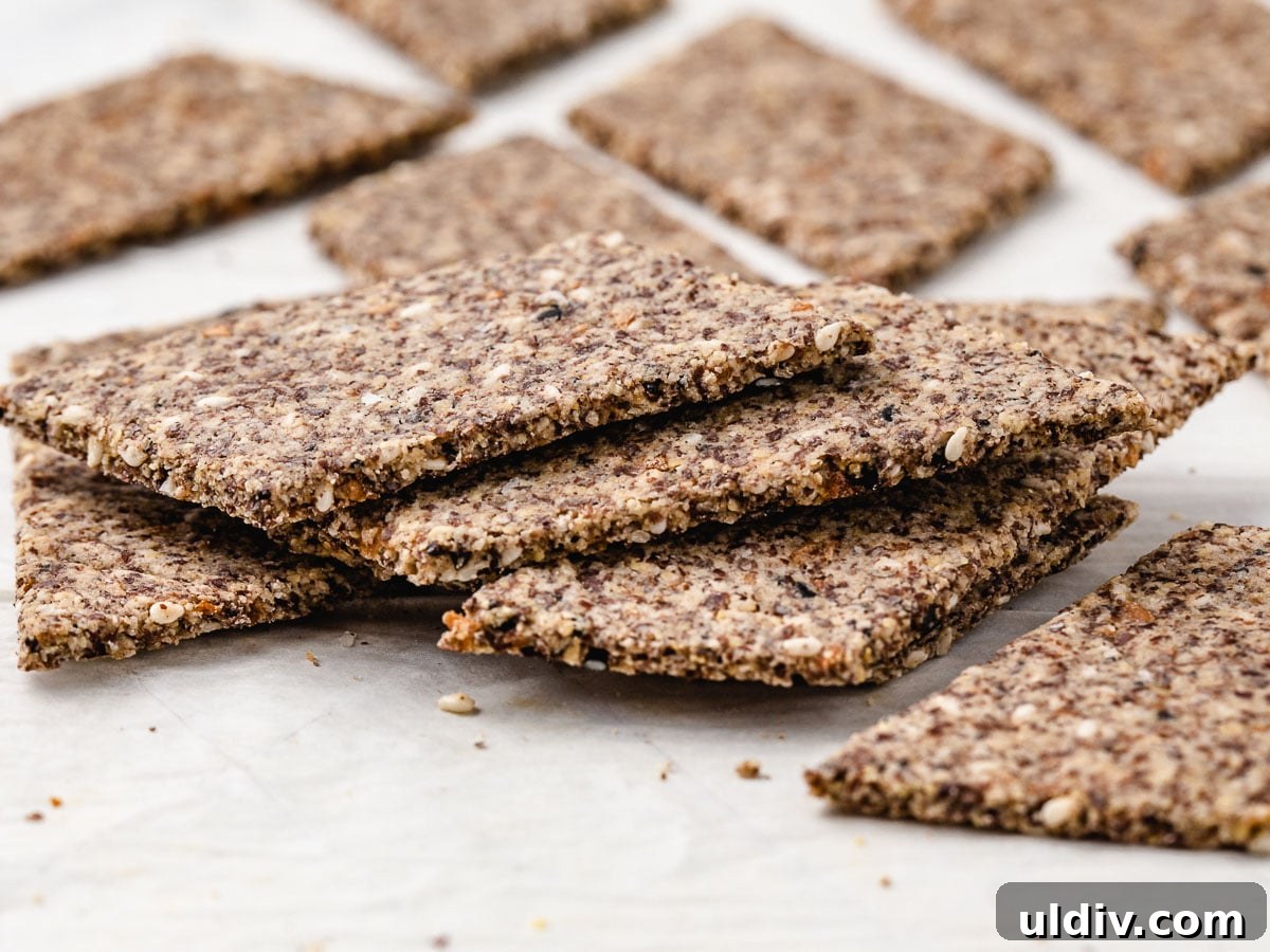 Crunch-Free Grain-Free Crackers: Crispy Keto Snack Recipe 5 Grain free crackers stacked on top of each other.