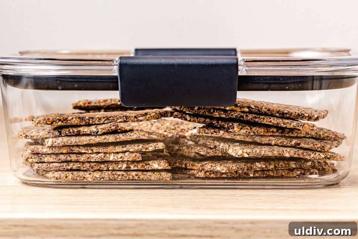 Crunch-Free Grain-Free Crackers: Crispy Keto Snack Recipe 6 Grain free crackers in a storage container.