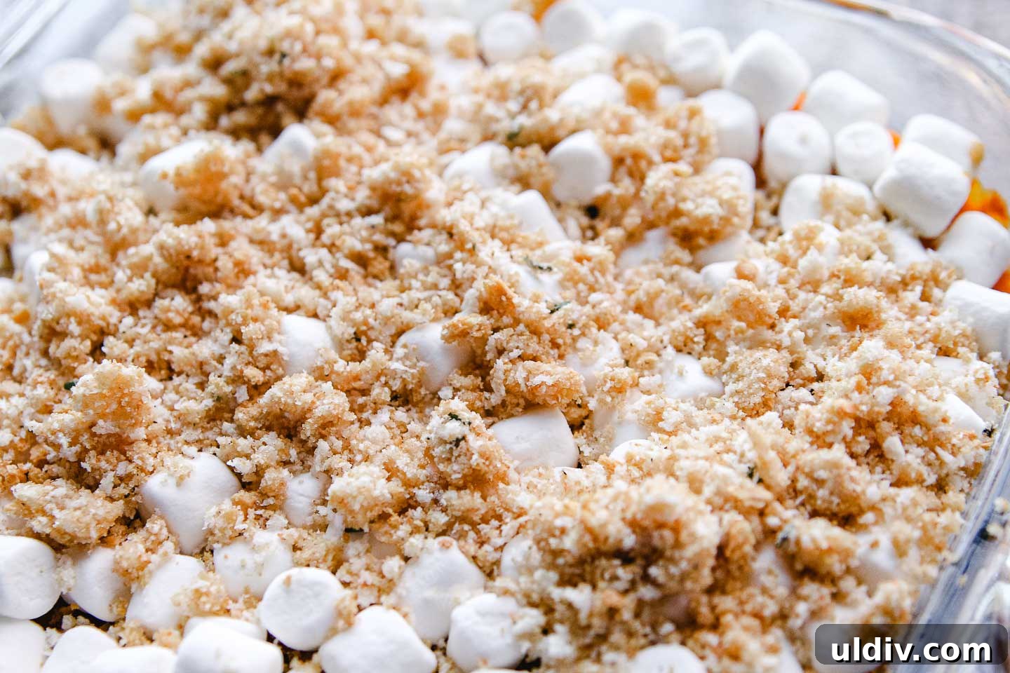 Creamy Sweet Potato Casserole with Crunchy Pecan Topping 6 Sweet potato casserole with marshmallows and crumb topping.