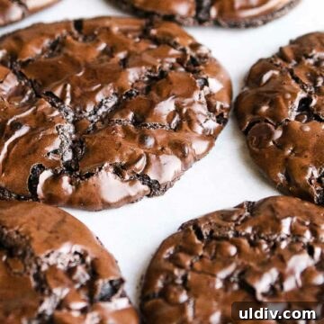 Gluten-Free Flourless Chocolate Chip Cookie Recipe 4 double chocolate chip cookies on parchment paper