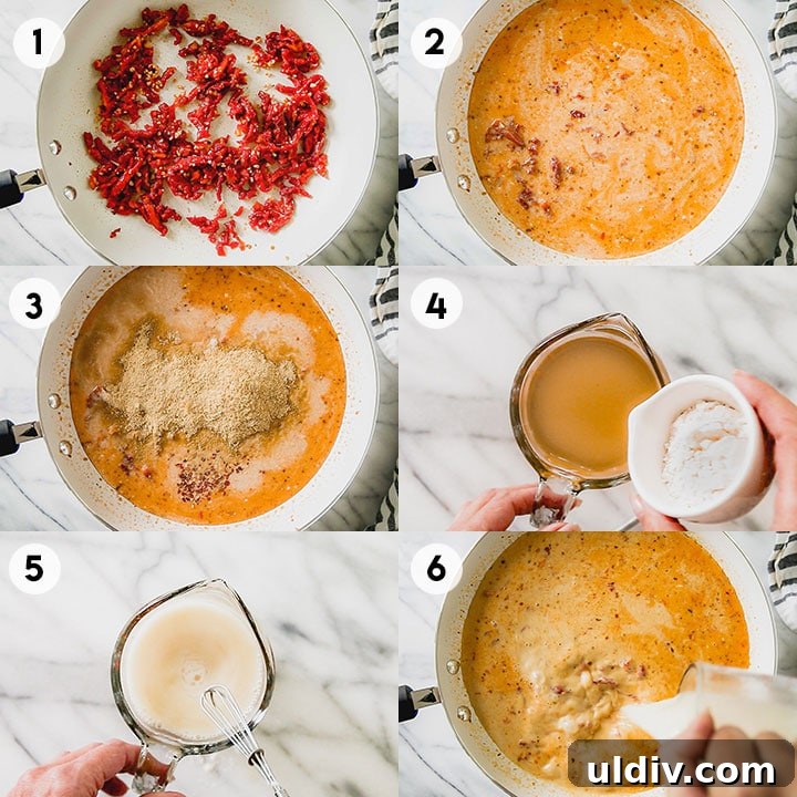 Creamy Sun-Dried Tomato & Basil Pasta Recipe for Dinner 3 step-by-step process shots for making sun-dried tomato basil pasta 1-6.