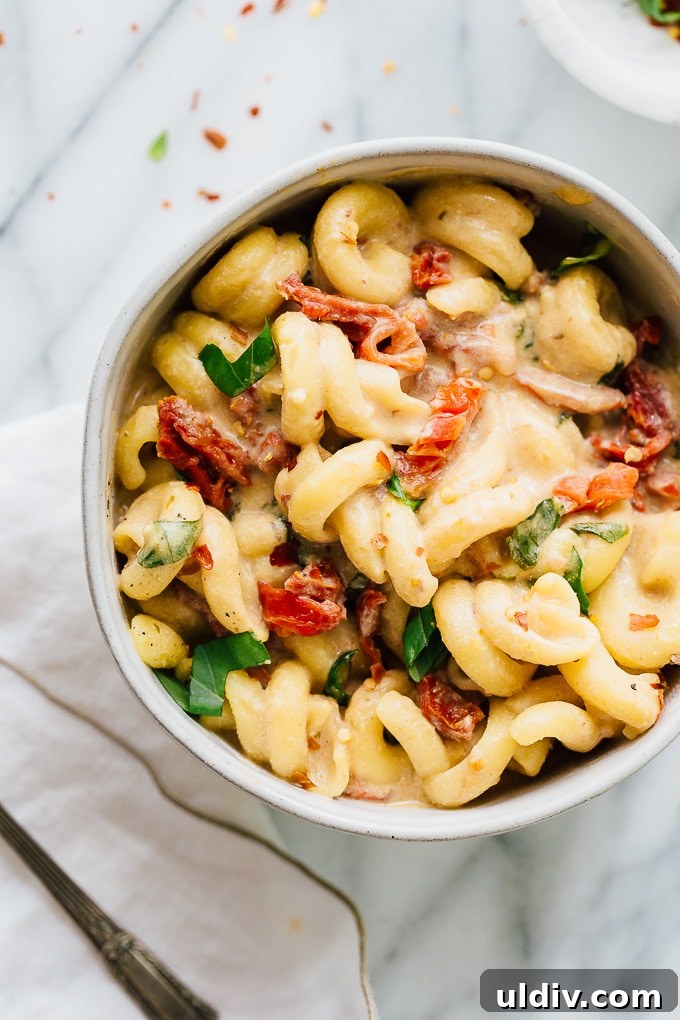 Creamy Sun-Dried Tomato & Basil Pasta Recipe for Dinner 5 Top view of Creamy Sun Dried Tomato Basil Pasta.