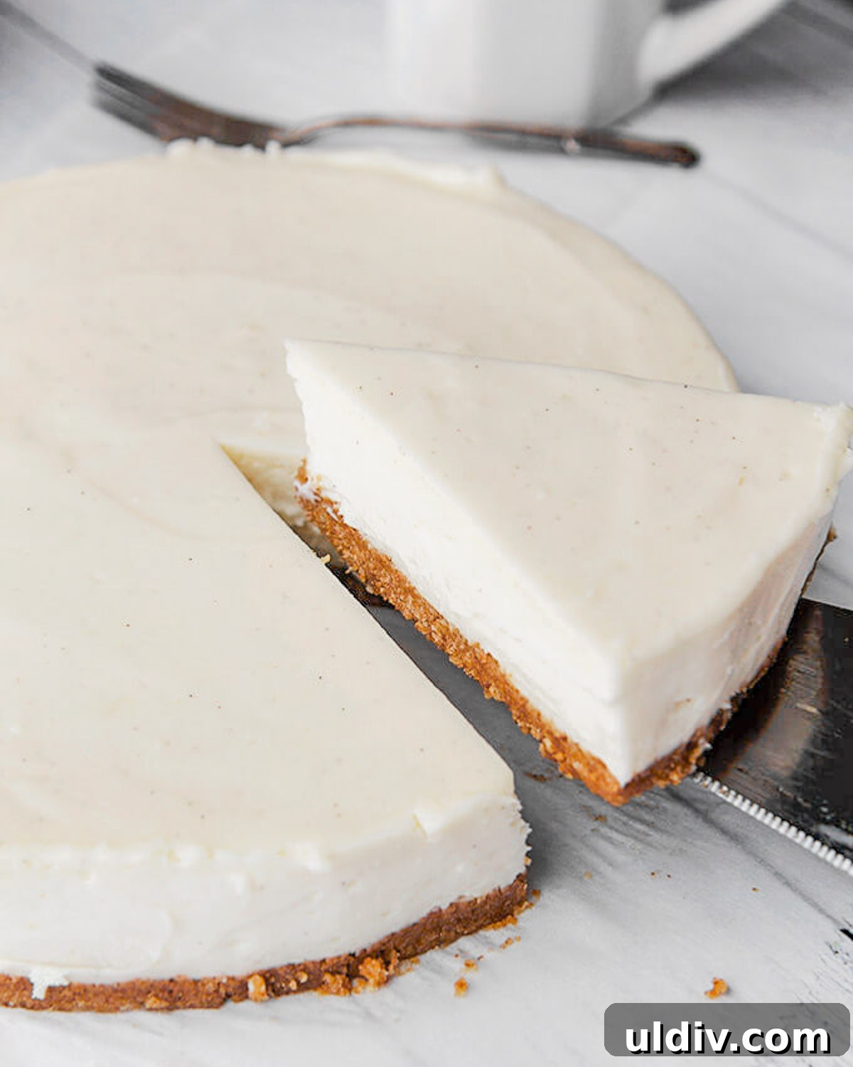 Classic Creamy Cheesecake Recipe for Perfect Results 2 A slice of cheesecake on a serving spoon.